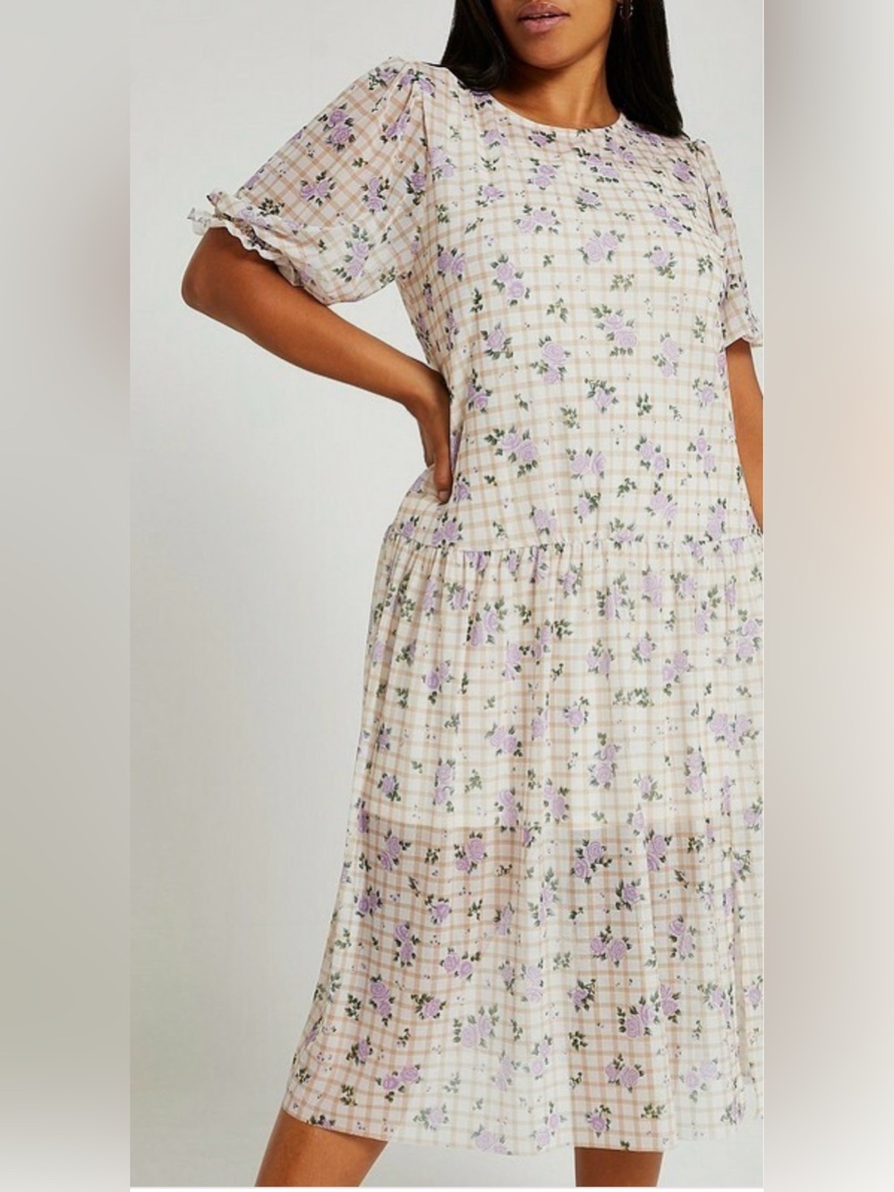 River Island Cream and Light Pink Chiffon Floral Plaid Midi Dress